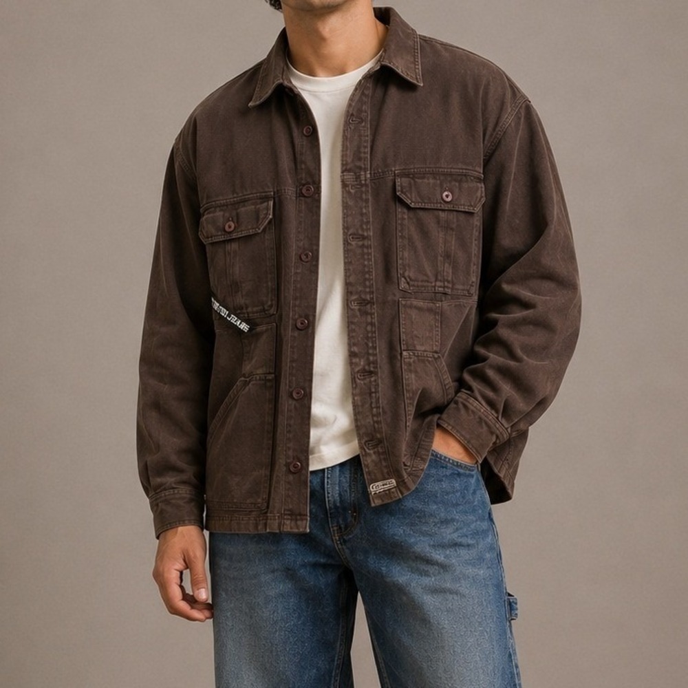 Vintage Clench 701 Jeans Mens XL Brown Cotton Canvas Utility Chore Shirt Jacket